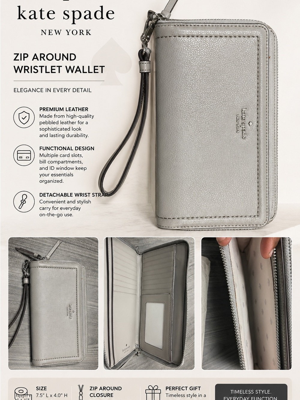 kate spade silver pebbled leather zip-around wristlet wallet
